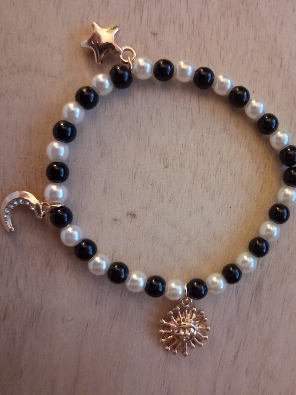 Handmade Black & Pearl Beaded Charm Bracelet | Sun Moon Star | Boho Celestial